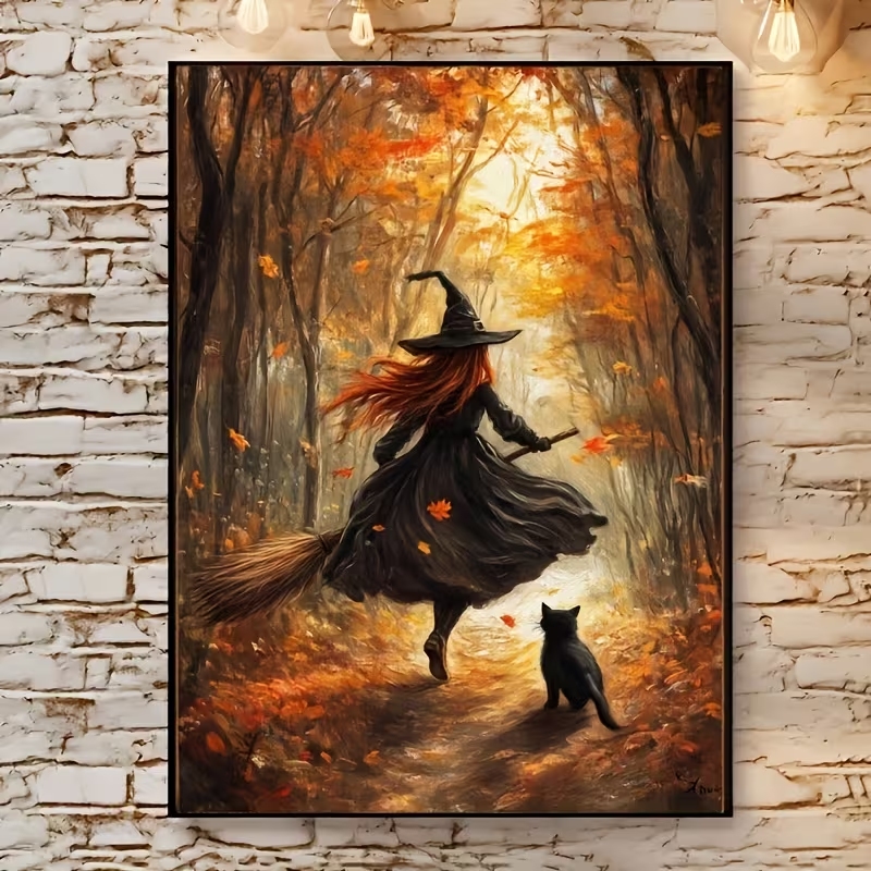 Photography Interior - Retro Alloween Autumn Witch On Broomstick